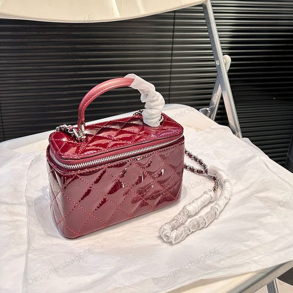Patent leather Burgundy Case bag portable Sliver chains Mini Vanity Designer Makeup Bag Womens with top Handle Cross Body Handbag Small Box