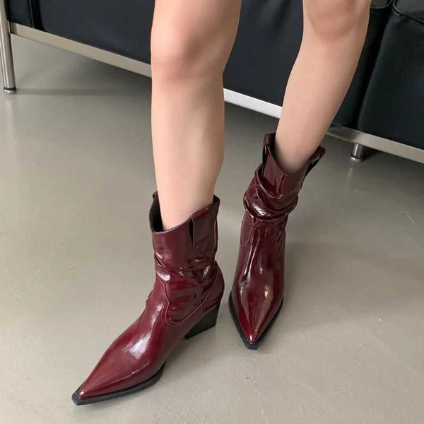 Boots 6cm thick high heels black pointed toes ankle boots womens patent leather womens shoes autumn fashion Botas Femininas Q241115