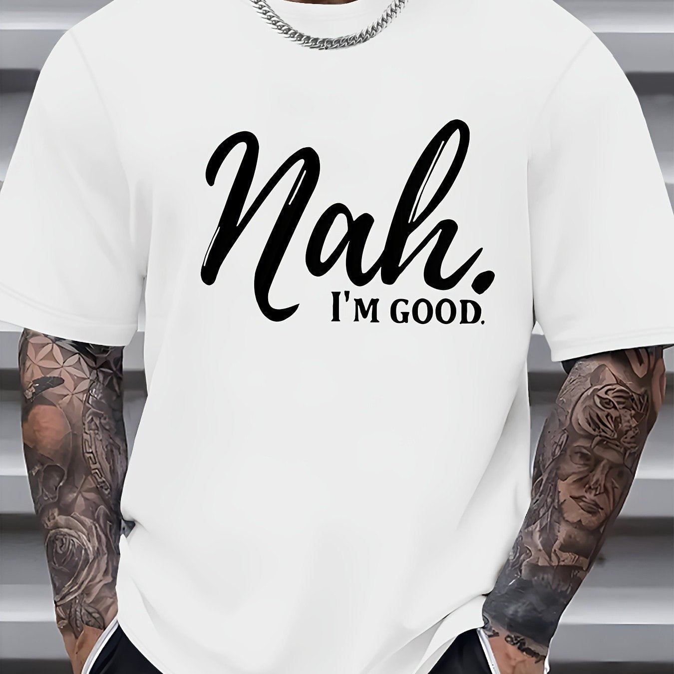 TEMU 1pc Men's Casual Cotton T-shirt With 'nah ' Print - Crew Neck, Short Sleeve, , Regular Fit, Knit Fabric, 220gsm - & Versatile Weekend Tee,