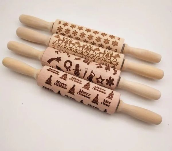 Rolling Pin Christmas Embossing Vintage Embossed Print Roller Embossed Fondant Cookie Rolling Pin Baking Supplies 250113