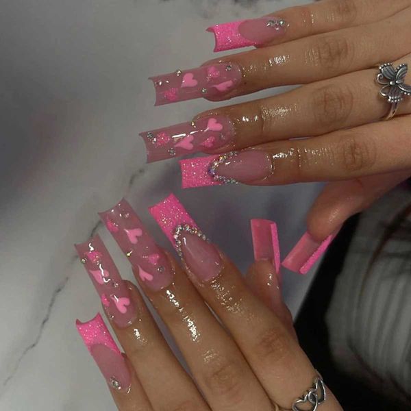 Women Girls Trend 24Pcs-Set Long Ballet French Heart Glitter Stone Decoration Full Coverage Wearable Fake Nail Press on Nail ArtXJ241025