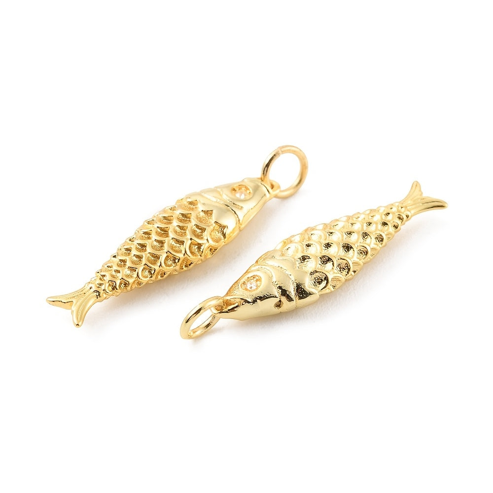 TEMU 10pcs 18k Golden Plated Brass Pendants, With Jump Ring, Fish Charm, For Necklace Keychain Jewelry Making, 25.5x7x4mm, Hole: 3.2mm