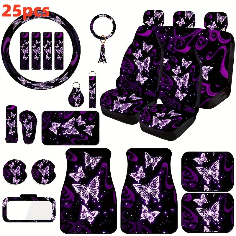 TEMU 25pcs-8pcs Premium -themed Car Interior Set - Breathable Seat Covers, Steering Wheel Grip & Floor Mats - Durable, Stylish Accessories For 4 Seat