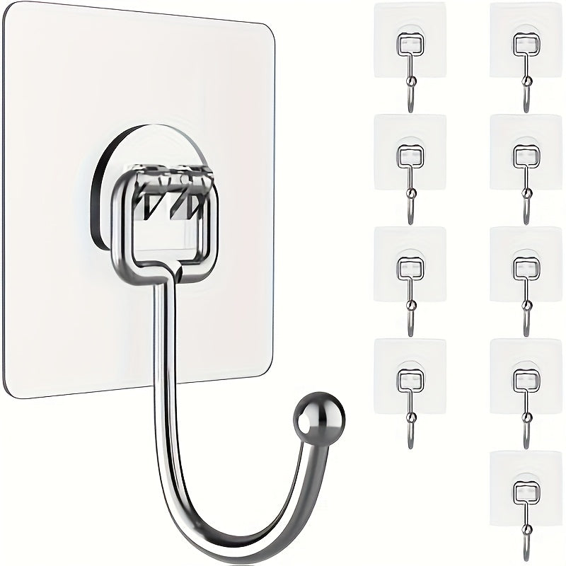TEMU 10pcs Set Of 37 Pound Load-bearing Heavy-duty Adhesive Hooks, Stainless Steel Towel Hooks, Bathroom Strong Adhesive Outerwear, Bathrobe Towel