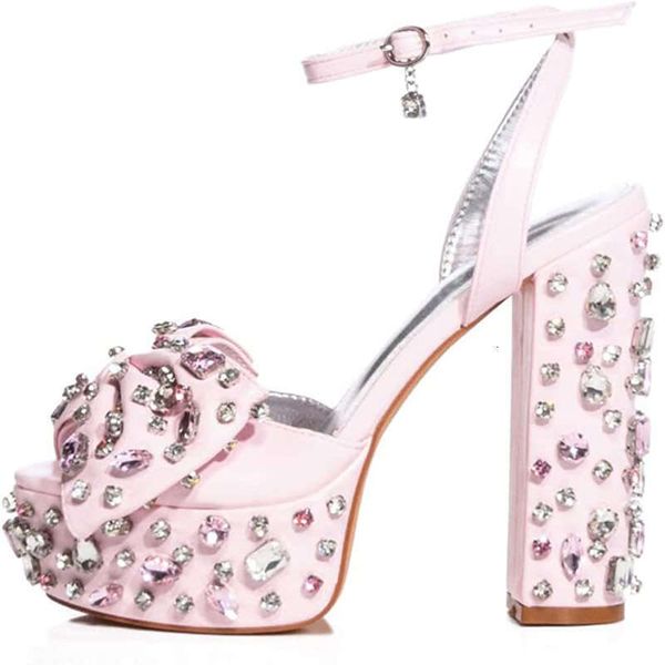 Bg Gem Rhie Studs Platform Bow Sandals Block Heel Ankle Strap Women Sweet Pink Crystal Butterfly Knot Pump Shoes