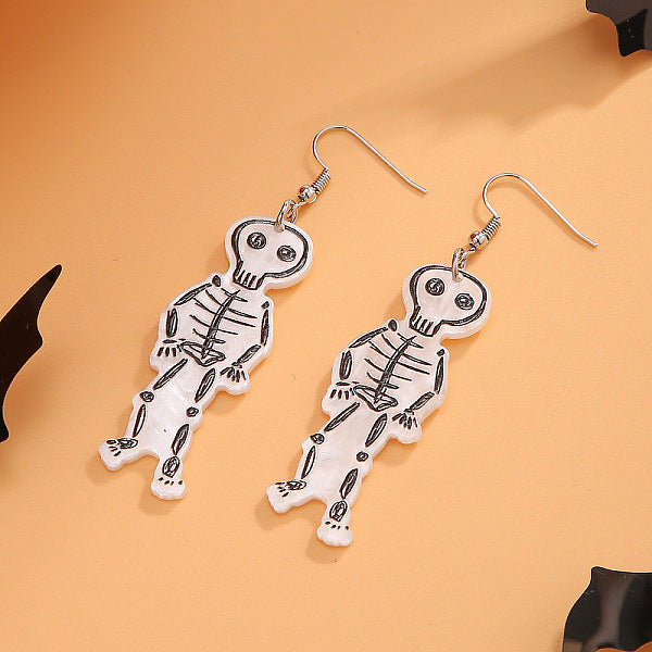 Boucles d'oreilles pendantes en acrylique avec squelette de dessin animé d'Halloween pour femmes