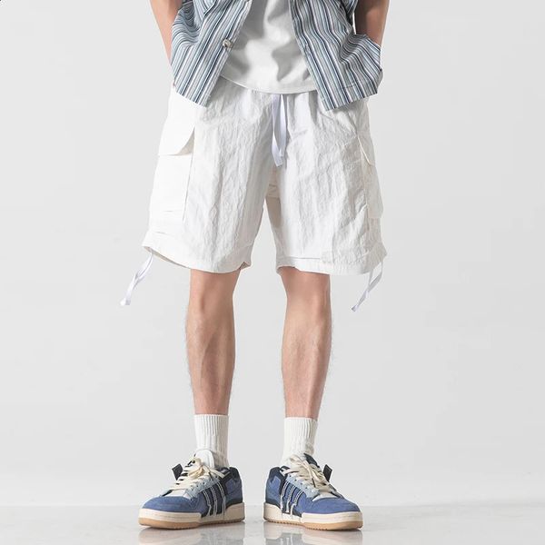 Simplicity Trend Summer Casual Cargo Shorts Men Solid Elastic Waist Drawstring Pockets Youthful Vitality Loose Knee Length Pants 240824