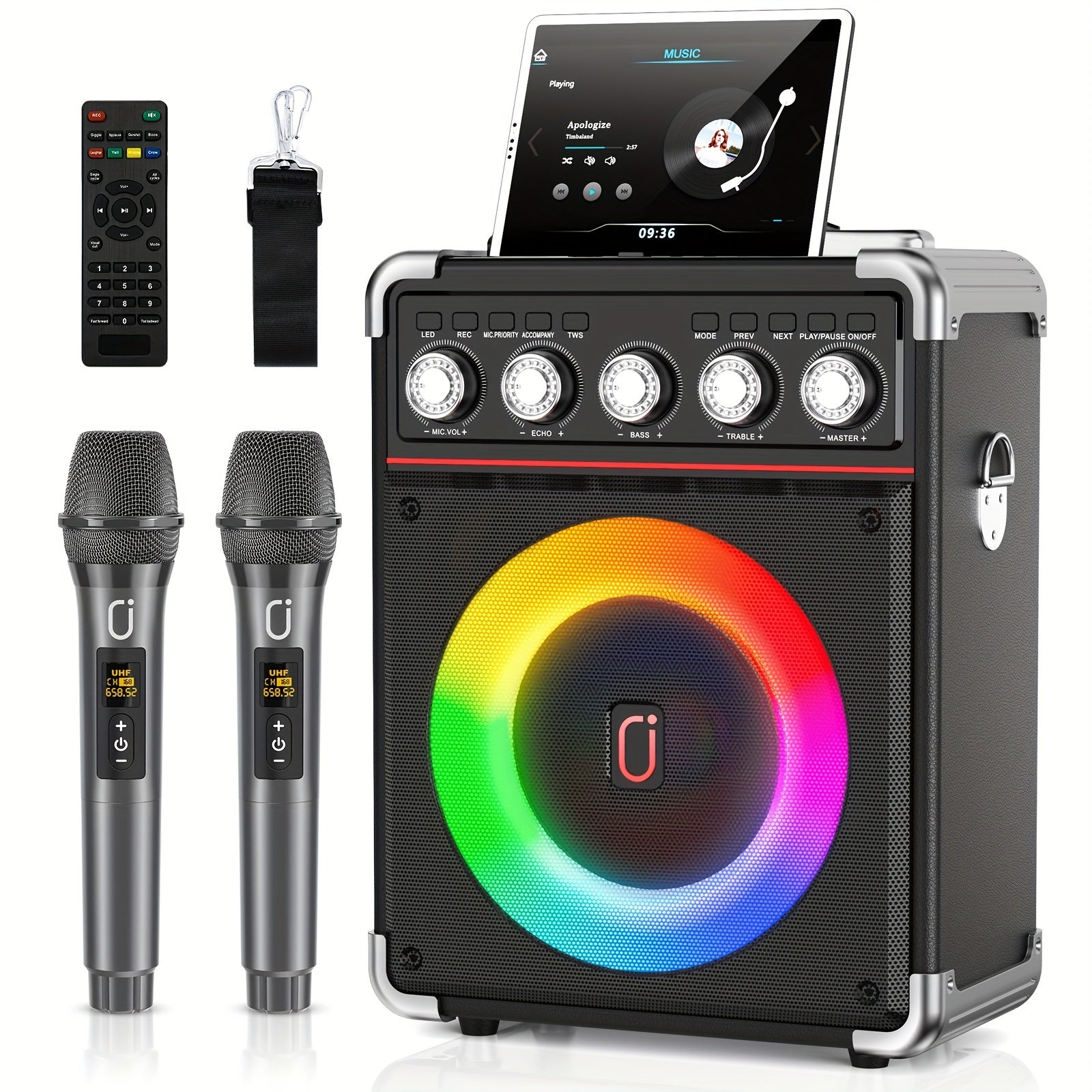 TEMU Karaoke Machine, With 2 Wireless Karaoke Microphones, With Bass-treble Adjustment, Dj Lights, Portable Speaker For Home Party, Birthday Party,