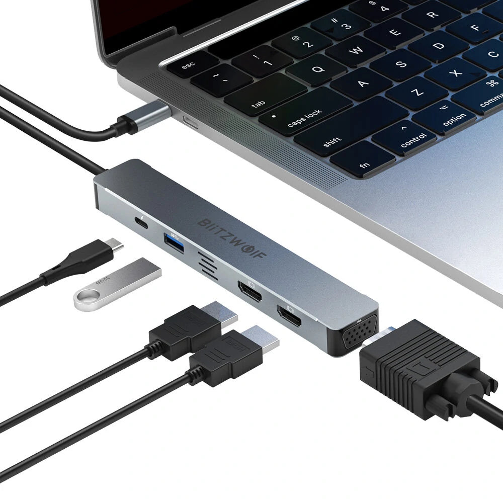 BlitzWolf® BW-NEW TH11 5 in 1 USB Hubs with Dual HDMI 4K@30Hz - VGA- USB3.0 - 100W PD Charging - Type C Docking Station