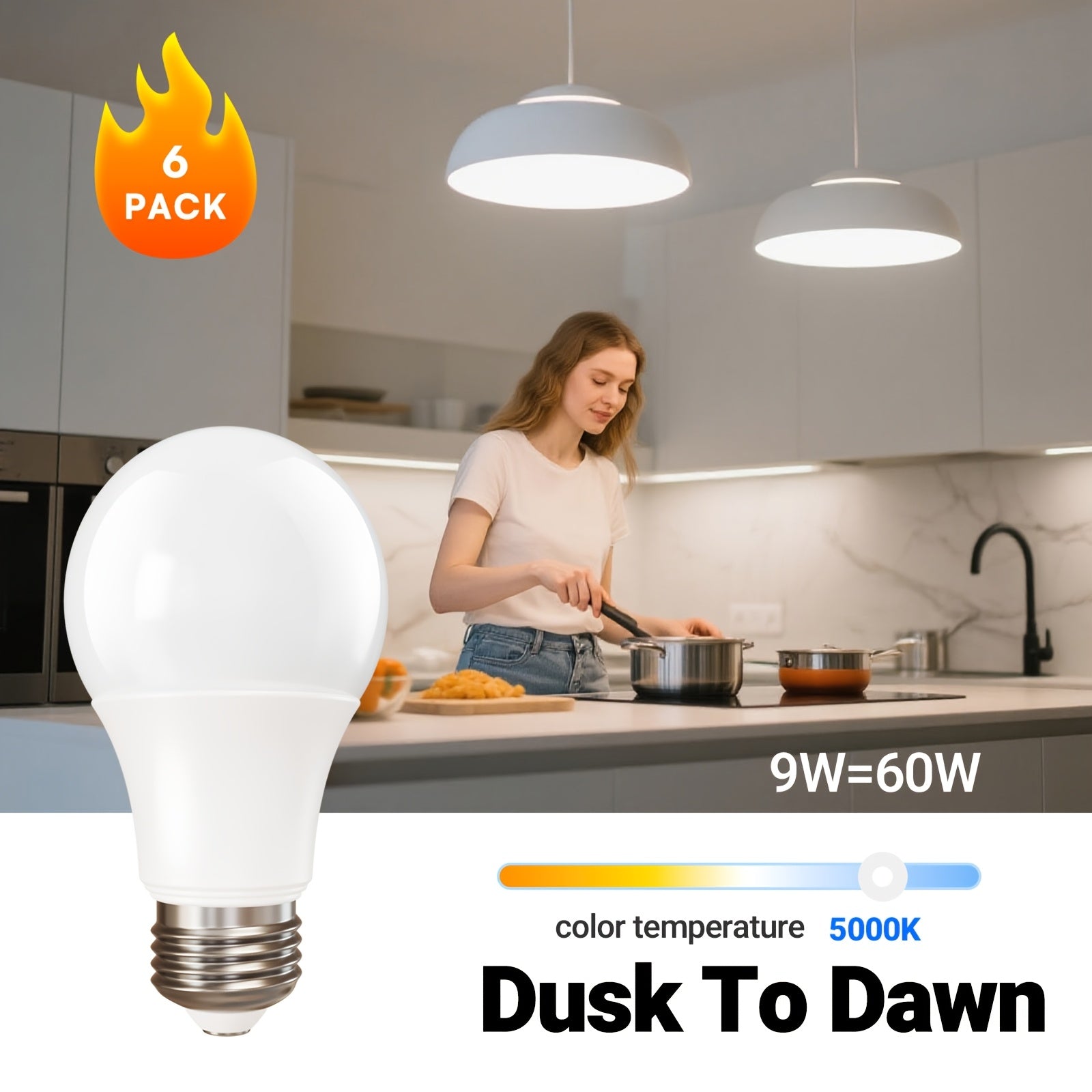 TEMU 12-6pack Dusk To Dawn Bulb, Light Sensor Led Bulb, Automatic Bulb, 60w Equivalent, 9w, White 5000k, E26 Base.