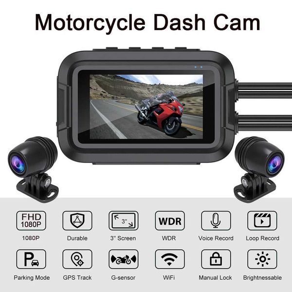 Sports Action Video Cameras Motorcycle Dashcam Full HD Dual 1080P 3-inch Waterproof IP66 WiFi Camera Motorcycle DVR Dashcam Black GPS Box J0