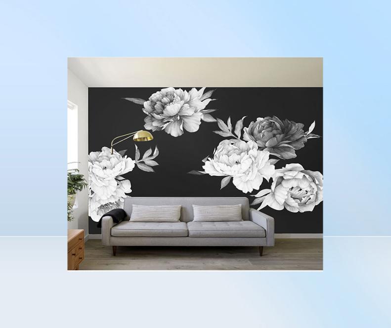 Black And White Watercolor Peony Rose Flowers Wall Sticker Home Decor Living Room Kids Room Wall Decal Flowers Decoration 2205235264946