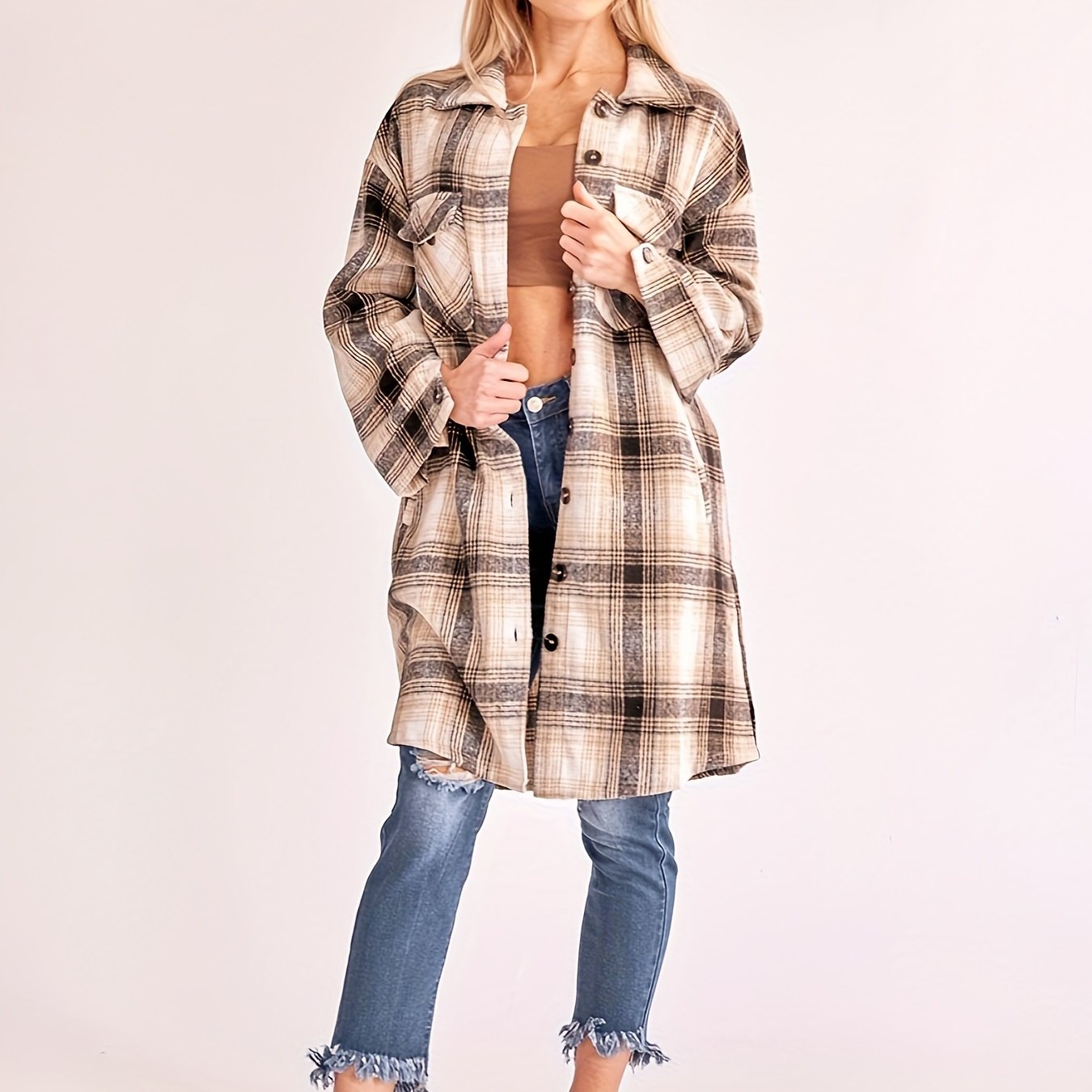 TEMU Women's Vintage Long Cardigan Jacket - Casual Polyester Shirt Coat With Button Front, Flap Pockets, And Collar, Machine Washable, Outerwear,