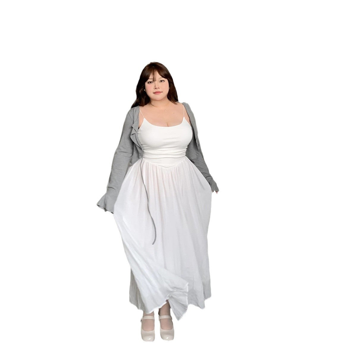 179 Spring and summer slightly fat gray long-sleeved cardigan slim suspenders high waist plus size dress for women