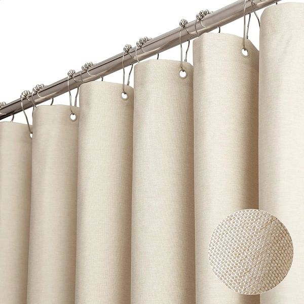 Linen shower curtains y bathroom waterproof thick fabric with silver metal hooks bathtub large cover 240828