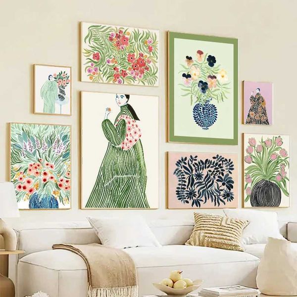 Tulip Violets Vase Woman Coat Flower Posters Light Green Abstract Aesthetics Canvas Painting Print Pictures Living Room Decor M241216