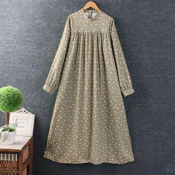 Autumn Women Japanese Small Fresh Lace Stand Collar Floral Cotton Long Sleeve Dress 240810