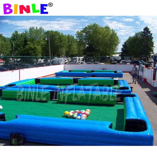 Blue And Green Giant Inflatable Snooker Soccer Human Pool Table 9mLx6mW with 16balls For Sale Funny Outdoor Or Indoor Football Games