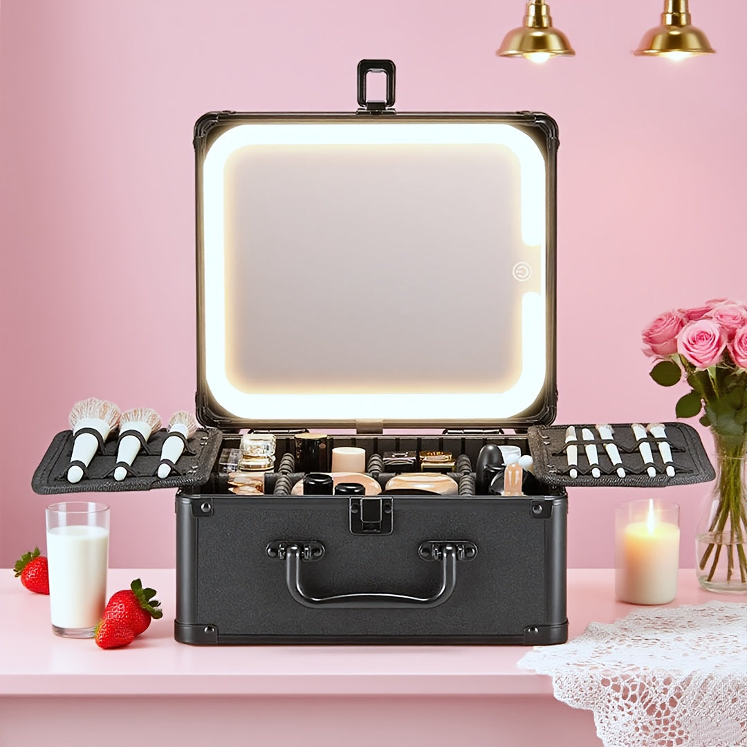TEMU Lighted Makeup Travel Bag, Portable Makeup Organizer With Detachable Led Mirror, Makeup Bag With Brushes Holders, Manicure Organizer, Makeup