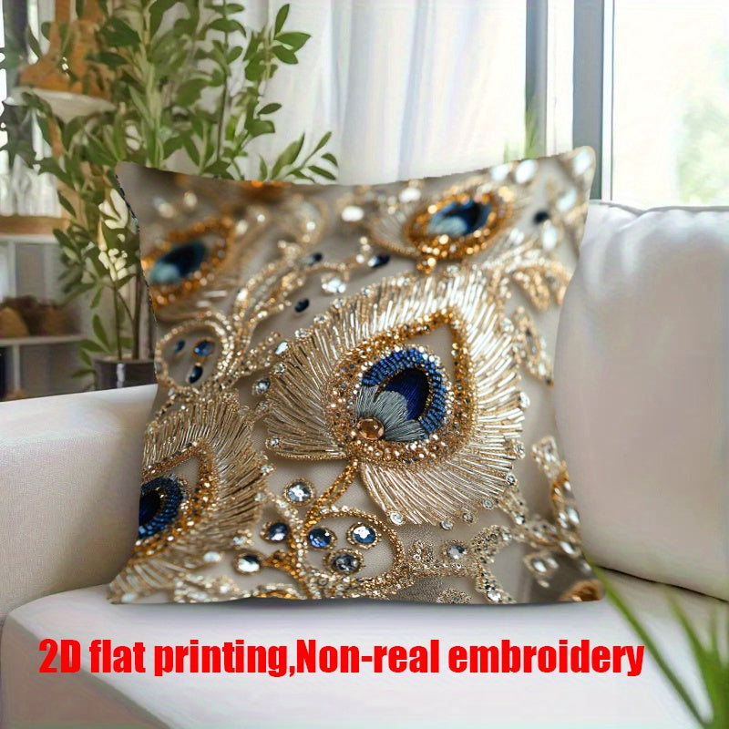 TEMU 1pc Contemporary Luxury Pillowcase 18x18 Inch - 2d Flat Printed Floral Peacock With Sparkling Sequins & Gemstones, Zipper Closure, Hand Wash