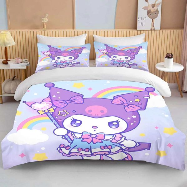 10 Sizes Kawaii Sanrio Kuromi Printed Bedding Set Cartoon Anime Duvet Cover Comforter Pillowcase Boys Girls Children Adults King Y240730