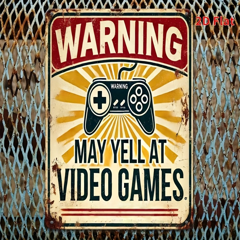 TEMU 1pc Retro Gaming Metal Wall Sign - Vintage Tin-style Warning Plaque With "may Yell At Video Games" Humorous Quote, Rustic Iron Art For Man Cave,
