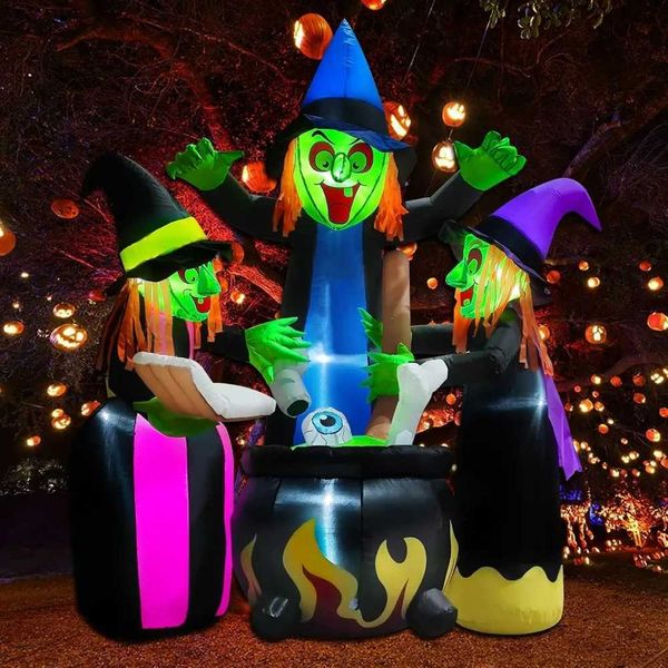Halloween inflatable outdoor decoration witch LED lights hair dryer courtyard lawn home decorationX240910