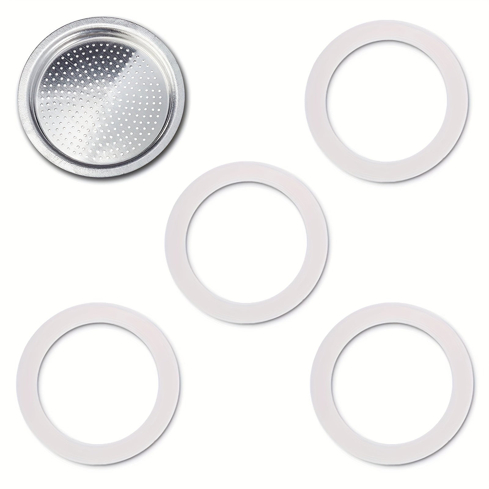 TEMU 4pcs Silicone Gasket Seal Ring Set, 1pc Filter, Food Grade Replacement Parts For 6cup Aluminum , Espresso, And Other Coffee Makers, Stainless