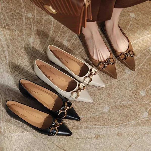 Dress Shoes Flat shoes womens spring new item metal buckle black flat shoes shallow mouth soft sole womens large size 44 45 46 J241123