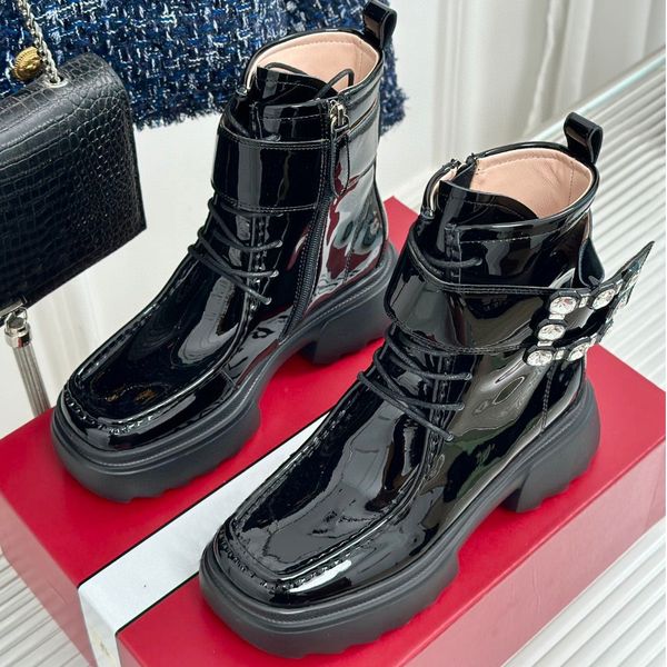 Top Brand Ankle Tire Thick Bottom Toe Women Boots Designer Square Buckle Rhie Decoration Fashion Party Dress Shoes Size 35-40