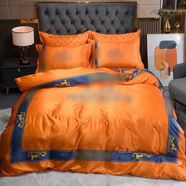 Summer Bed Sheet Fashion Pillow Case Orange Bedding Set Queen Designer Bedding Set 4 Pieces-Set Letter Printed Extra Large Silk Duvet Cover