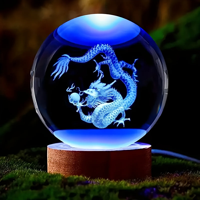 TEMU 1pc 3d Ball Lamp With Base & Glass Sphere - - Night Light, Switch, Asian-inspired Dragon Statues & Stuffed Animal-like Filling, 2.36" Tabletop