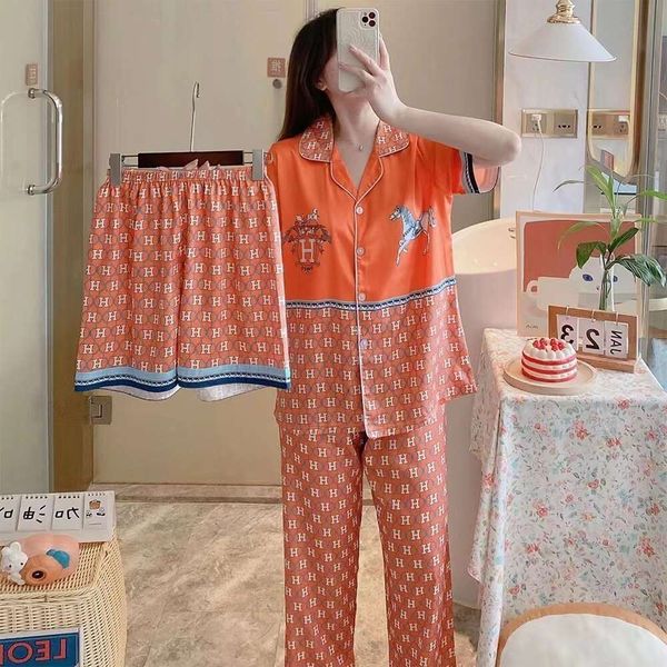 Same Style Women&#039;s Summer Short Sleeved Three Piece Set, Plus Size Ice Silk Sleepwear, Internet Famous Live Streaming Home Clothes, Can