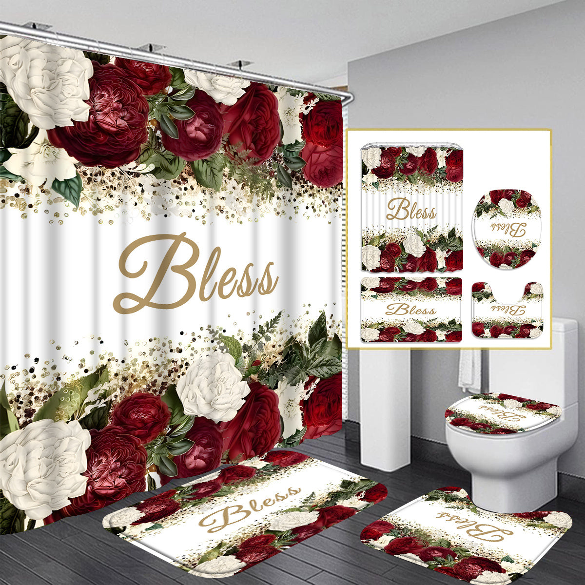 TEMU 4pcs Bathroom Set With Rose Print, Elegant For Home Decor, Shower Curtain, Complete 4pcs Toilet Lid Cover, With 12 Durable Hooks - Perfect Gift