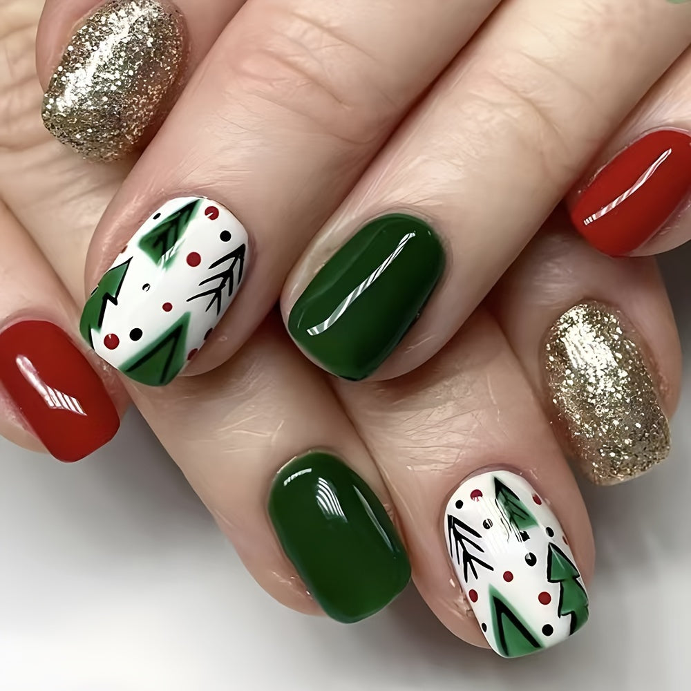TEMU Christmas Themed Press-on Nail Set - Mixed With Glossy Finish, Square Shaped, Short Length Nails Featuring Green & Red Tones, Leaves Pattern,