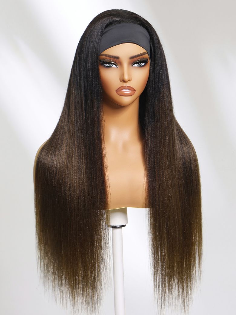 Low Maintenance Put On And Go Yaki Straight Headband Black To Chestnut Brown Ombre Human Hair Glueless Wig