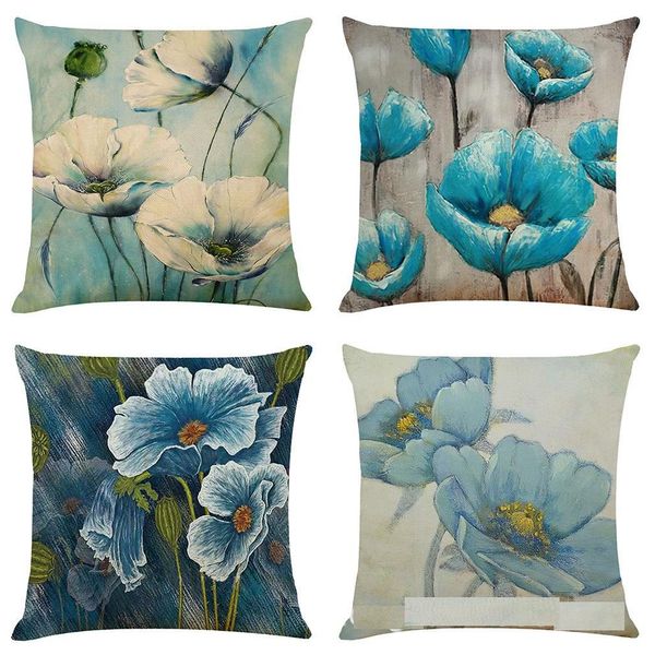 Cushion Cover Blue Lily of Cotton en Polyester Decorative Home Decor Sofa Couch Desk Chair Bedroom 18x18inch Square Throw Pillow Case Covers