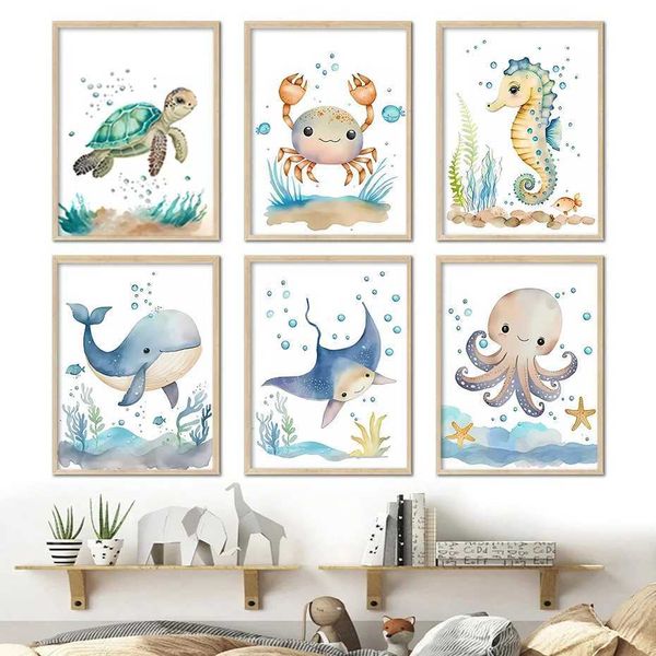 New Arrival Cartoon marine animals whales seahorses turtles daycare walls art canvas posters and printed wall images baby room decorations Z
