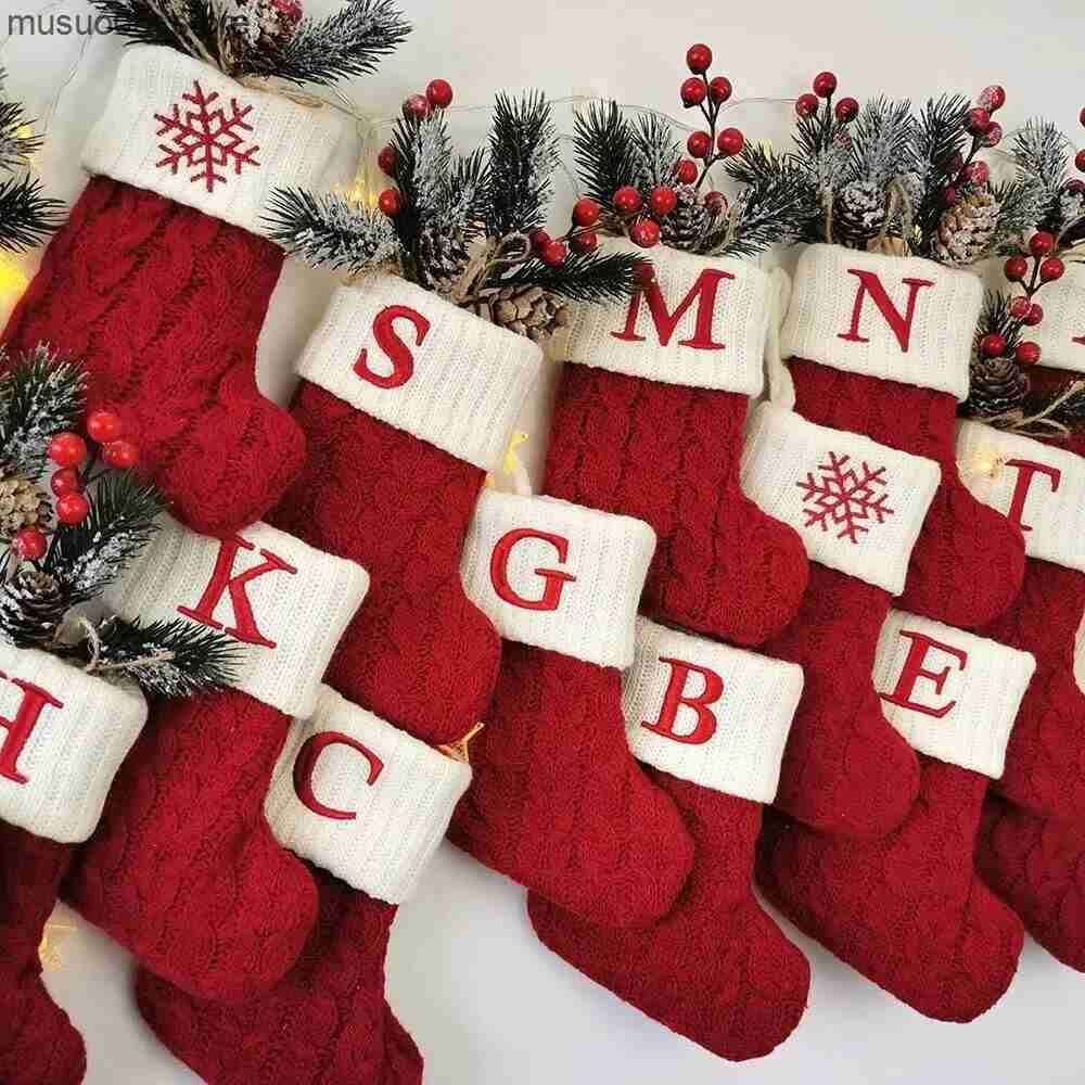 Kids Socks Christmas Socks Knitting Snowflake Letter Stocking Christmas Decoration For Home 2024 Xmas Tree Ornament Gift Navidad Natal 2024 L240910
