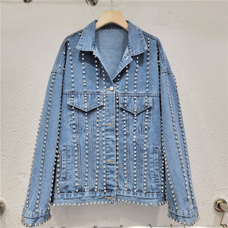 Street Clothing Splicing Rivet Denim Jacket Womens Fashion Collar Long Sleeve Loose Coat Womens Coat Autumn Trend 241024