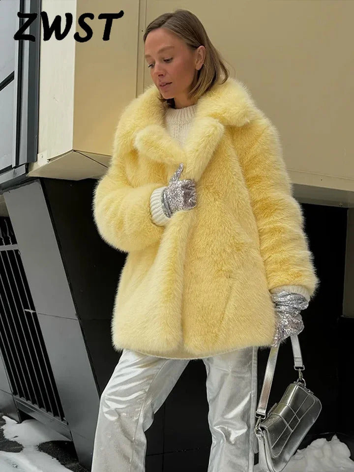 Warm Yellow Fur Coat Women Winter Turn-down Collar Long Sleeve Single Breasted Midi Female Coats Autumn Fashion Outwear 241116