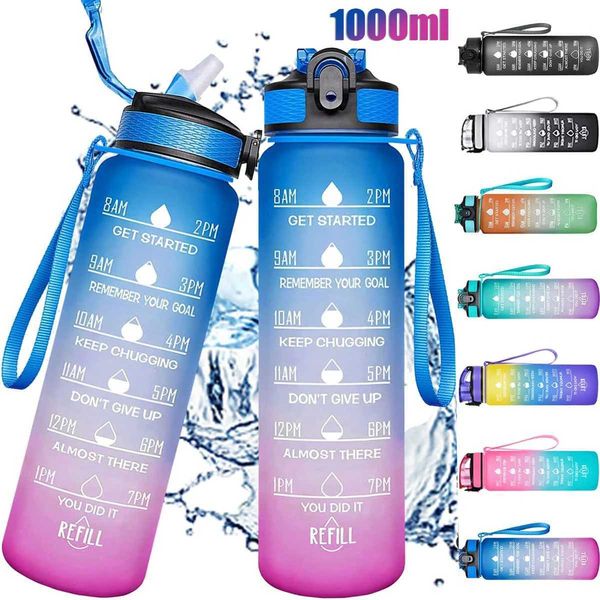 1 Liter Large Capacity Water Bottle with Straw Leakproof with Time Marker Water Cup for Outdoor Sports Fitness Gym DrinkwareXJ241026