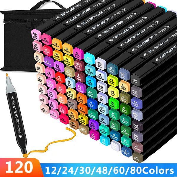 Markers 12304860120 Color Marker Alcohol Felt Pen Manga Sketching Dual Brush Art School Supplies Drawing Set 230627
