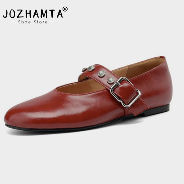 Size JOZHAMTA 34-39 Women Real Leather Flats Buckle Strap Chunky Low Heels Crystals Ballet Pumps Shoes Party Dress 96b4