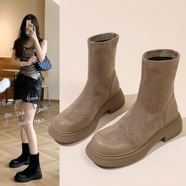 Slim Korean Version Round Head Suede Short For Womens Socks Thick Soled Sponge Cake Sole Elastic Slim Boots Autumn And Winter New Martin Boo