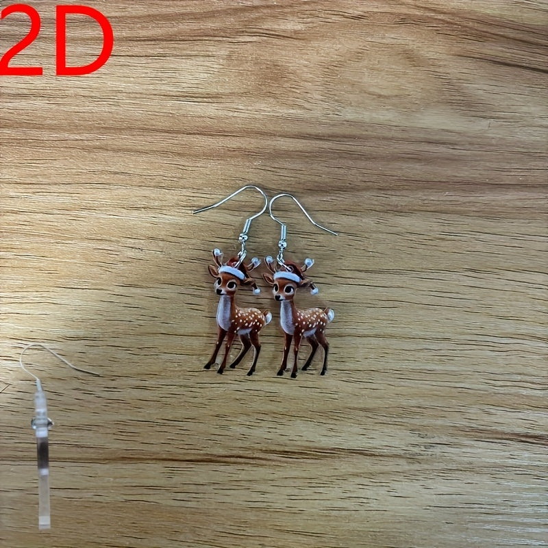 TEMU Christmas Reindeer Acrylic Earrings, 2d Cute Cartoon Style, Red Santa Hat, Lightweight Durable Pendant, Women's Fashion Dangle Earrings, Perfect