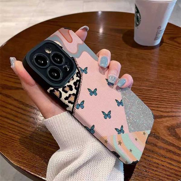 Fashion Leopard Grain Butterfly Phone Case for iPhone 13 12 14 15 Pro Max X XR XS Max 7 8Plus 15 14 Plus Shockproof Soft Cover M240902