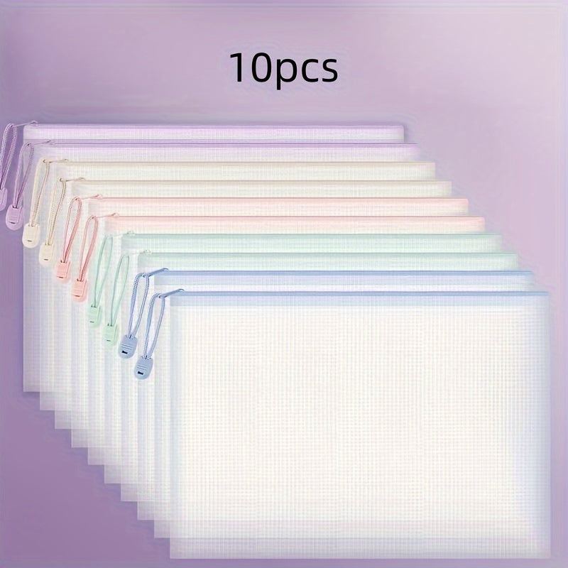 TEMU 10pcs Pvc Mesh Zipper Storage Bags - High Quality Organizer Folders With Handles, Stackable File Holders For Travel, Documents, Paintings,