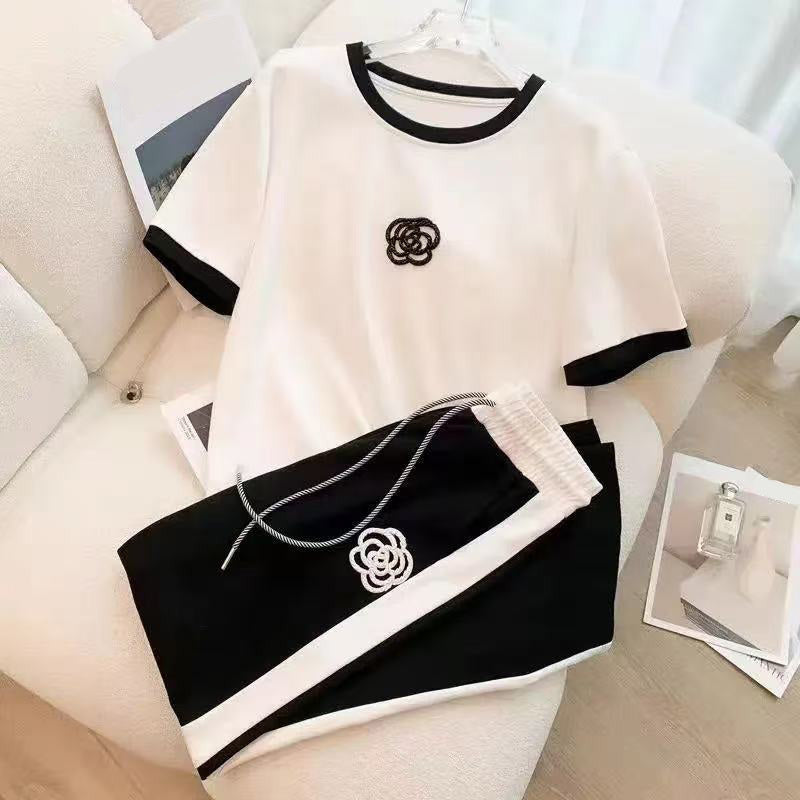 Designer Casual Sports Suit For Women Summer Thin Street Fashionable Trendy Youthful Wide-Leg Pants Fashion Two-Piece Set