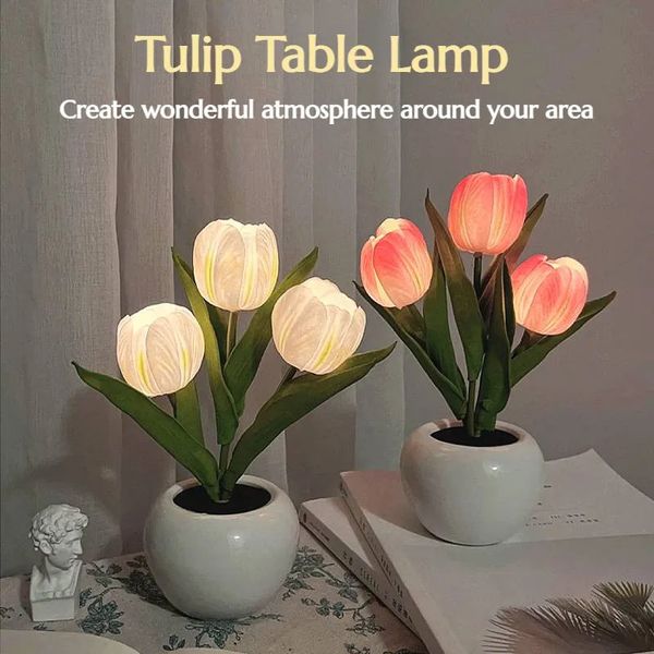 LED Tulip Night Light Simulation Flower Table Lamp Home Decoration Atmosphere Lamp Romantic Potted Gift for Office-Room-Bar-Cafe 240410
